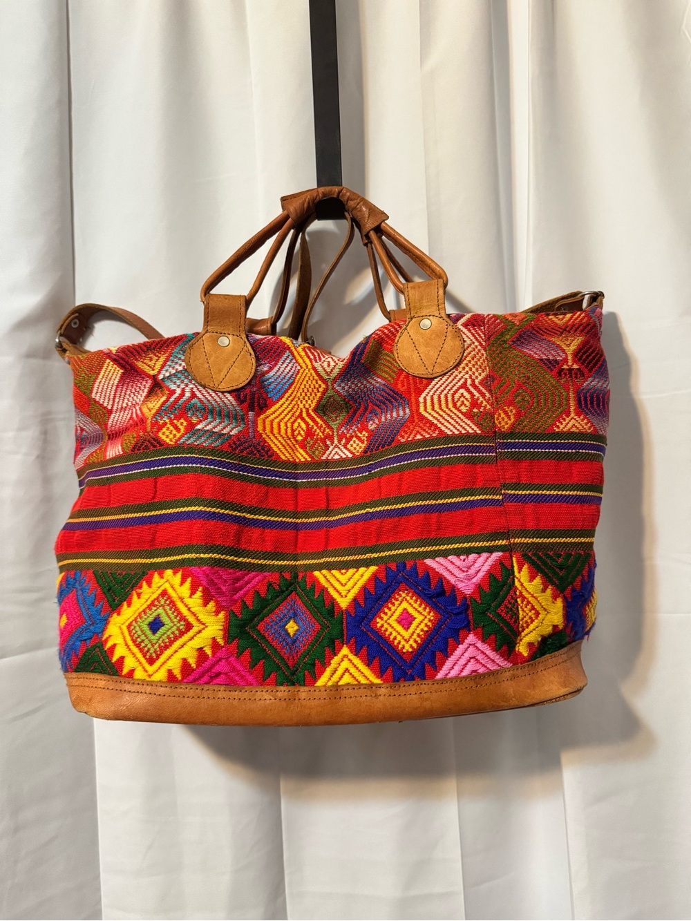 Handwoven Multicolor Embroidered Tote with Tan Leather Trim